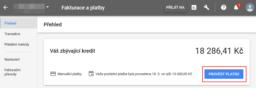 AdWords - dobití kreditu