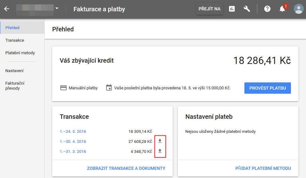 AdWords - stažení faktur - Přehled