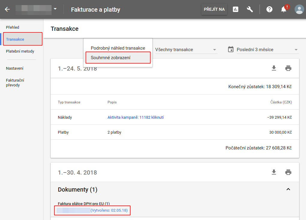 AdWords - stažení faktur - Transakce