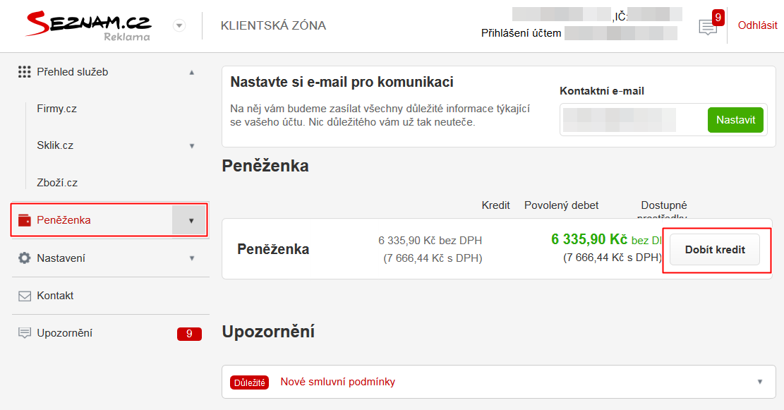 Seznam - Klientská zóna - Dobití kreditu