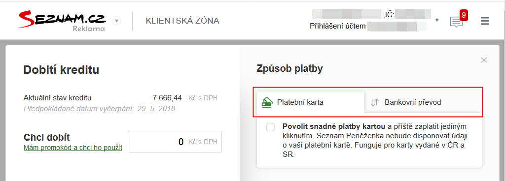 Seznam - způsoby platby