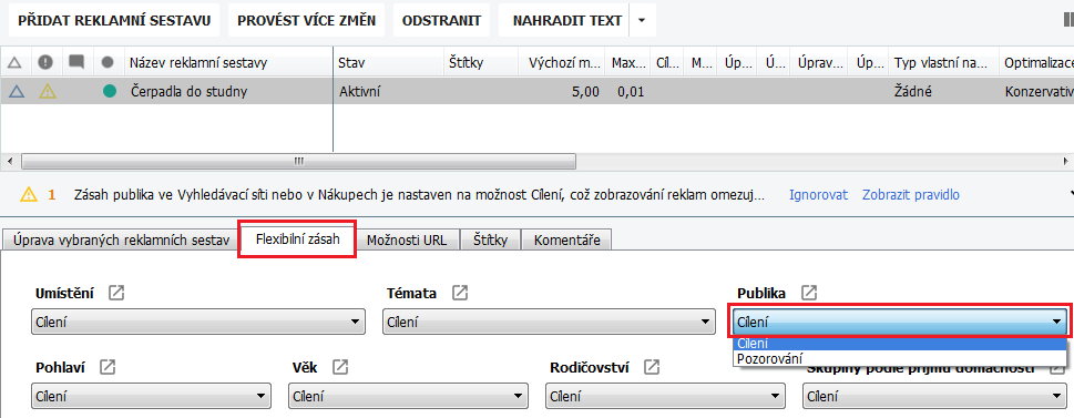 Nastavení flexibilního zásahu v AdWords Editoru pro RLSA kampaně.