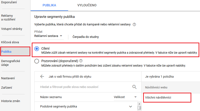 Nastavení publik v RLSA kampani Google Ads.