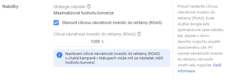 Google Ads - Vytvoření Chytré kampaně v Nákupech - Nastavení ROAS