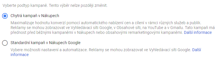 Google Ads - Vytvoření Chytré kampaně v Nákupech - výběr podtypu kampaně