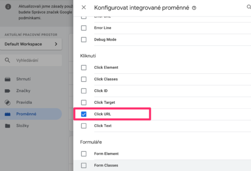 Google Tag Manager - Proměnné - Kliknutí