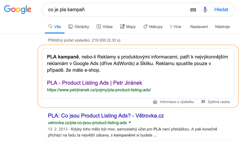 Příklad Featured snippet ve vyhledávání