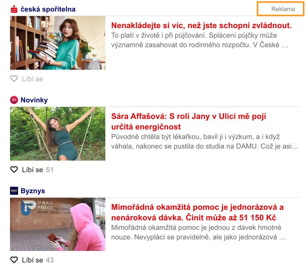 Ukázka nativní reklamy na HP Seznam.cz