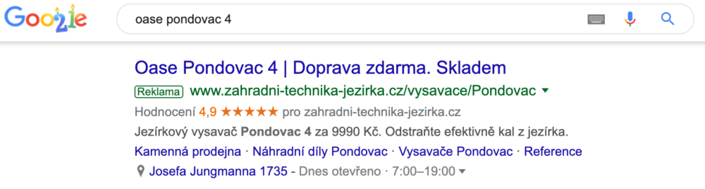 Příklad produktového inzerátu ve vyhledávání Google