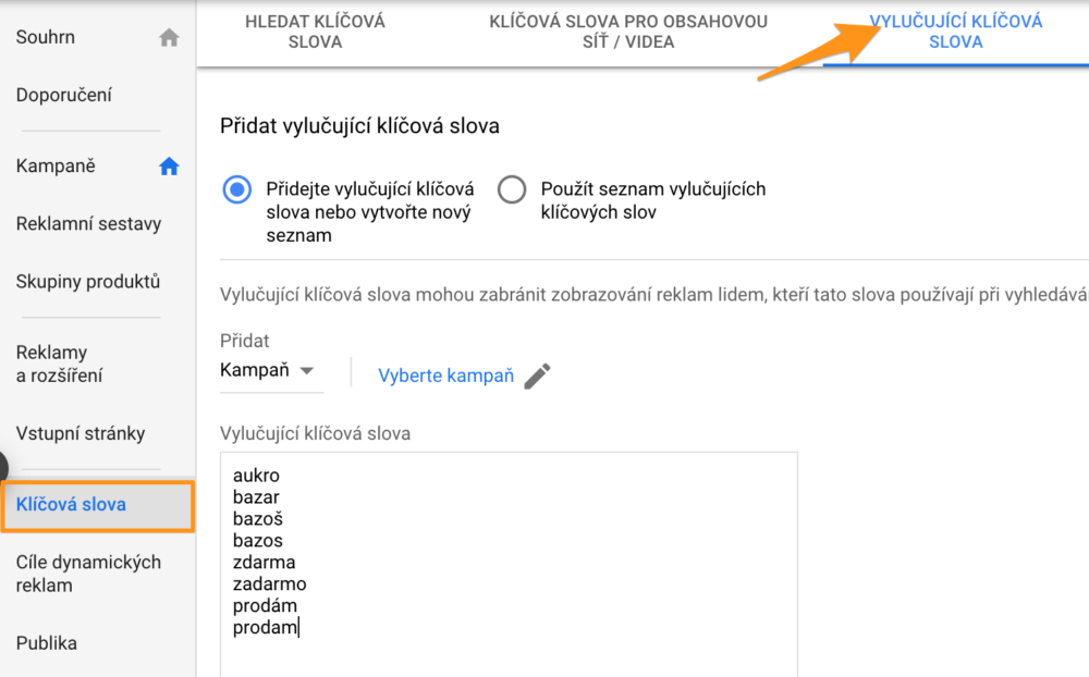 Vylučující klíčová slova v Google Ads