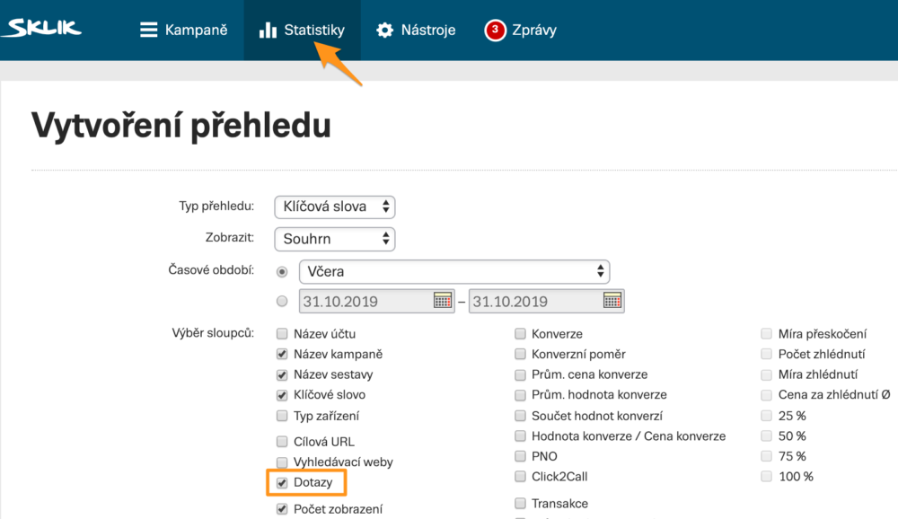 Vyhledávací dotazy v Skliku - Statistiky