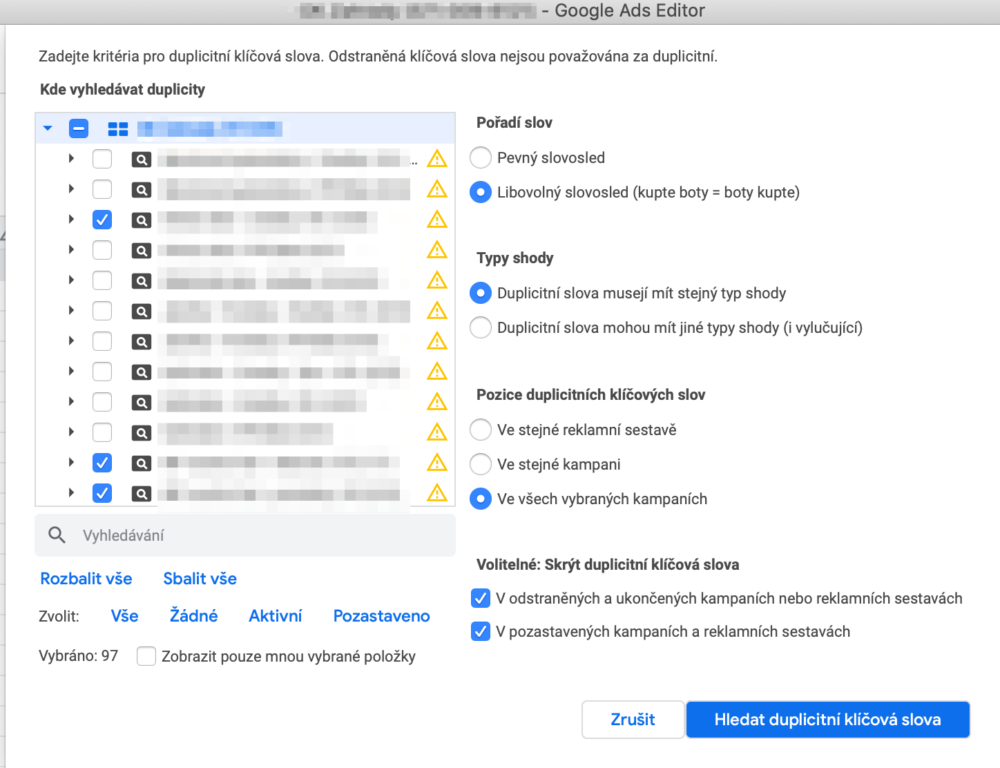 Google Ads Editor - Duplicitní klíčová slova