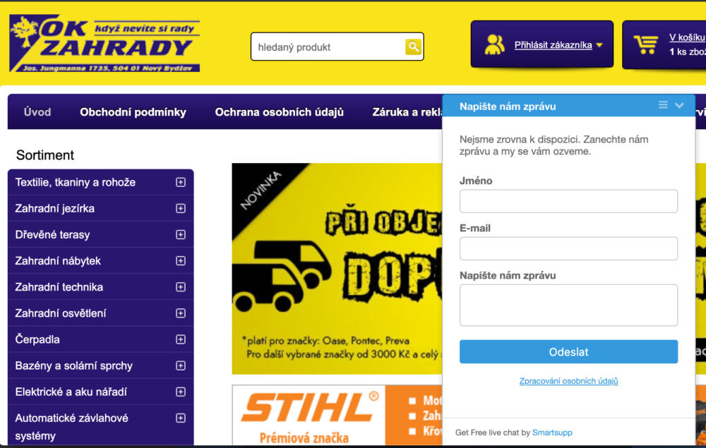 Příklad e-shopu s nasazeným Smartsupp