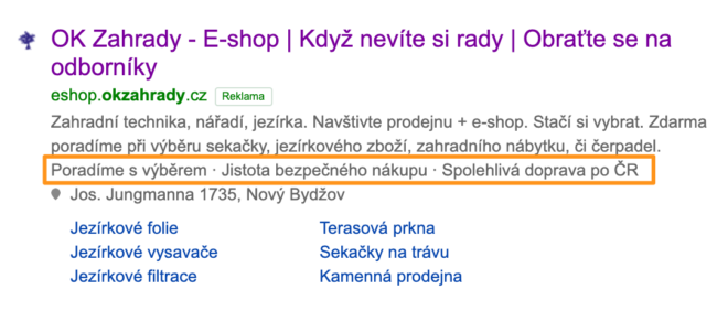 Sklik – inzerát s rozšířením o popisky ve výsledcích vyhledávání Seznamu