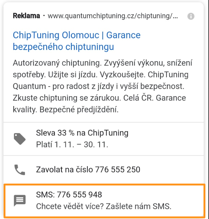 Google Ads - Rozšíření o sms