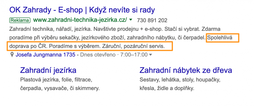 Google Ads - inzerát s rozšířením o popisky ve výsledcích vyhledávání Google