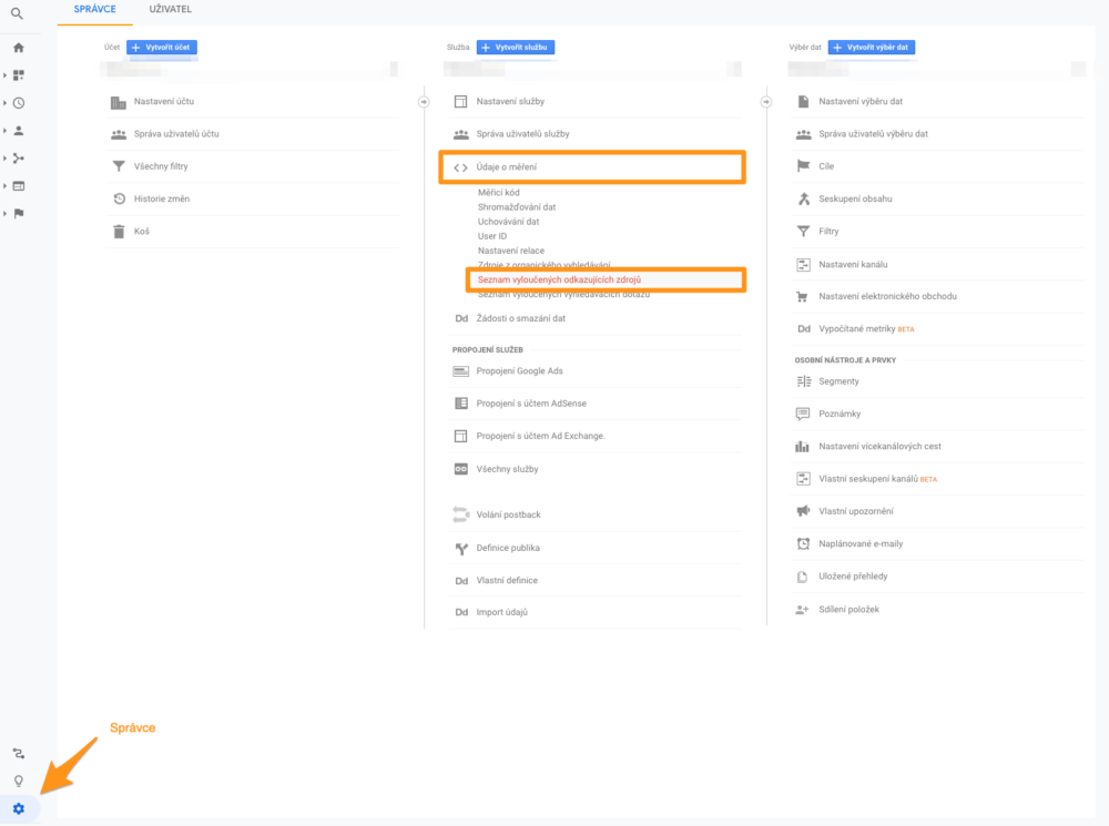 Nastavení vyloučených zdrojů v Google Analytics